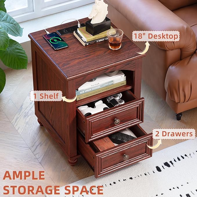 18" Farmhouse Night Stand with Charging Station, Wood Nightstand with 2 Drawers, Rustic Bedside End Table with Shelf Storage, Bed Side Tables Cabinet for Bedroom, Living Room, and Closet