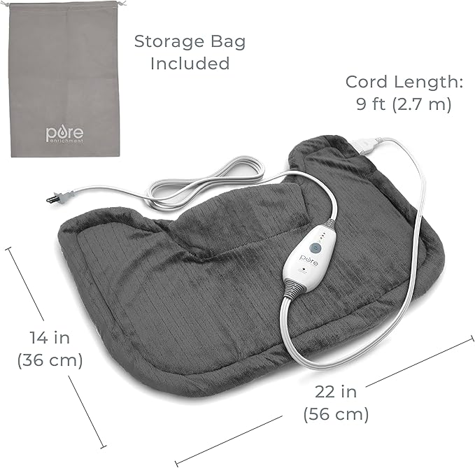 Pure Enrichment PureRelief Neck & Shoulder Heating Pad - 4 Heat Settings, Auto Shut-Off, Universal Fit, Magnet Closure, Soft Micromink, Storage Bag, 5-Year Warranty, Machine Wash (Charcoal Gray)