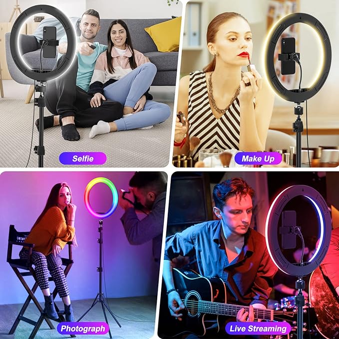STALLY 12.3" Ring Light with Stand 75" Tall and 2 Phone Holder, Ring Light Tripod for iPhone with 3 CCT Mode & 29 Color Modes, Remote Shutter, Desk Tripod, Great for Live Stream/Makeup/YouTube/TikTok
