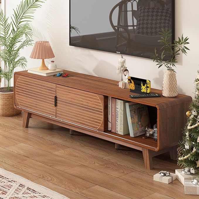 Mid Century Modern TV Stand for 55/60/65 Inch TV, 63" TV Console Table with Fluted Sliding Doors, Entertainment Center and Media Console Cabinet with Storage for Living Room (Walnut)
