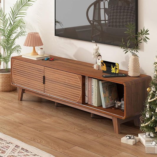 Mid Century Modern TV Stand for 55/60/65 Inch TV, 63" TV Console Table with Fluted Sliding Doors, Entertainment Center and Media Console Cabinet with Storage for Living Room (Walnut)