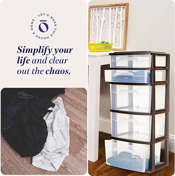 HOMZ 2-Pack Drawer Tower, 5-Tier Clear Plastic Storage Organizer Unit, Black Frame - Multi-Purpose Container Drawers for Bedroom, Bathroom, and Office Organization