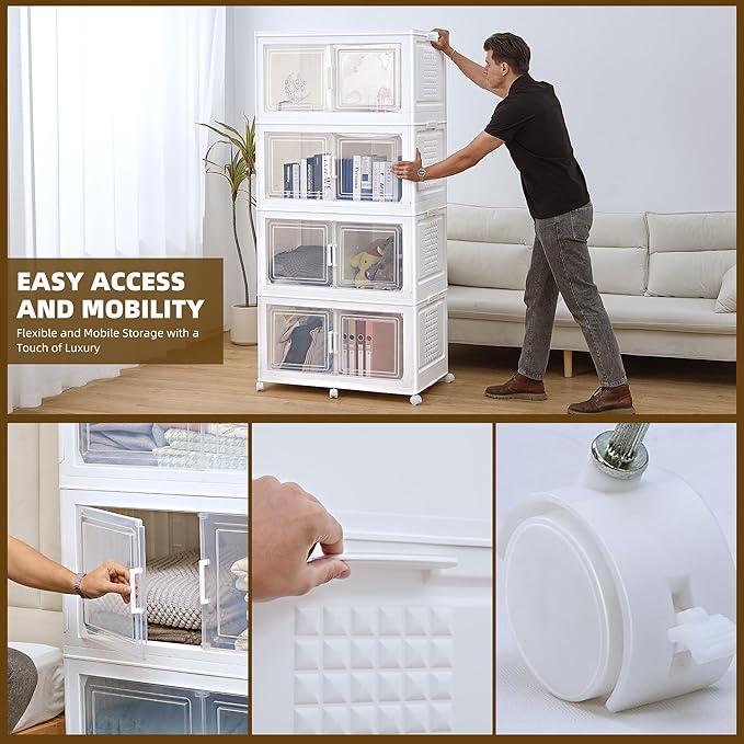 752QT/188Gal 4 Stackable Storage Bins with Lid and 8 doors, Motion Sensor Lights in Cabinets, Large Collapsible Container Box with 6 Wheels, Plastic Foldable Organizer for Home - Pure White