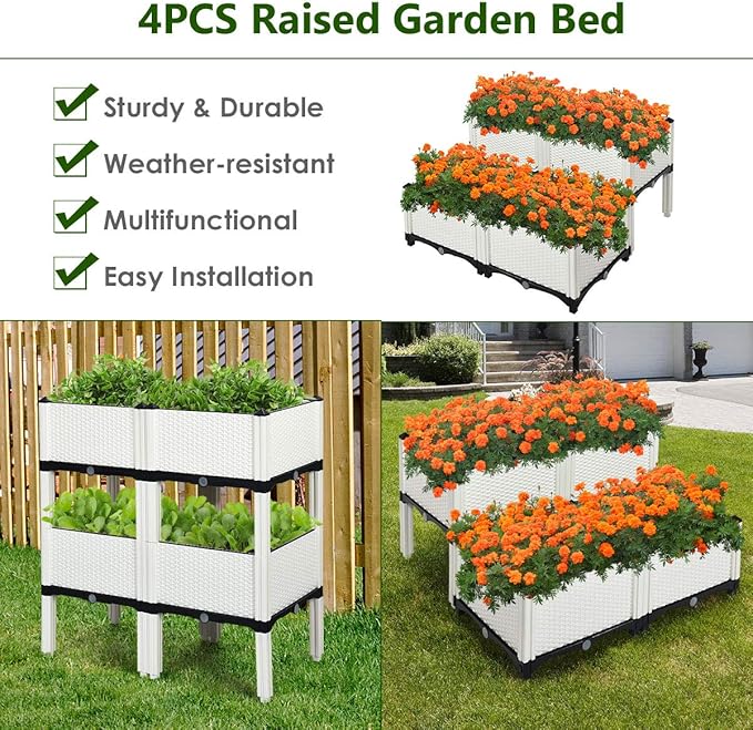 S AFSTAR Raised Garden Bed Kit Set of 4, Elevated Planter Boxes with Self-Watering Design & Removable Legs, Outdoor Plastic Planter Box for Patio Yard Balcony Gardening, Rattan Pattern (White)