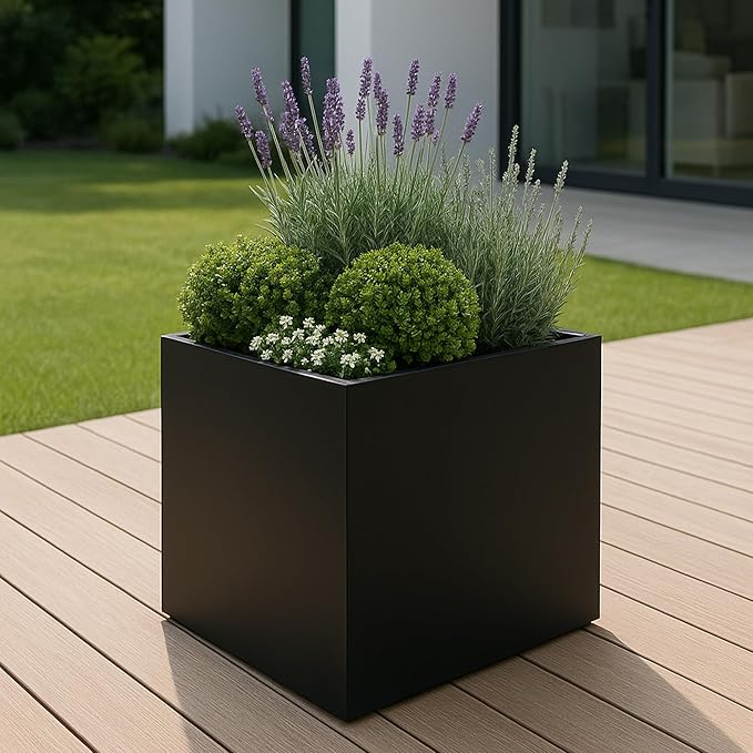 Kozyard 20'' Cube Metal Planter Steel Planter Box Black Steel Flower Pot with Saucer Partition Panel for Trees Plants Flowers Indoor Outdoor Garden Patio Deck Yard