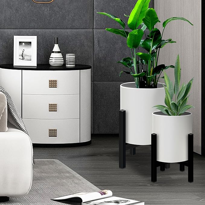 Plant Pot with Stands Set of 2, Mid Century Planters for Indoor Plants Modern Decorative Flower Pots for Balcony, Office, Living Room or Garden with Drainage Plug, 12 inch & 10 inch