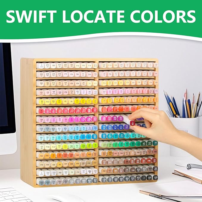 walowalo Bamboo Marker Organizer for 280 Markers Durable Pencil Holder Desk Storage Extra Large for Artists Teachers Students Office Classroom Birthday Gifts No Assembly Required 28-Compartments