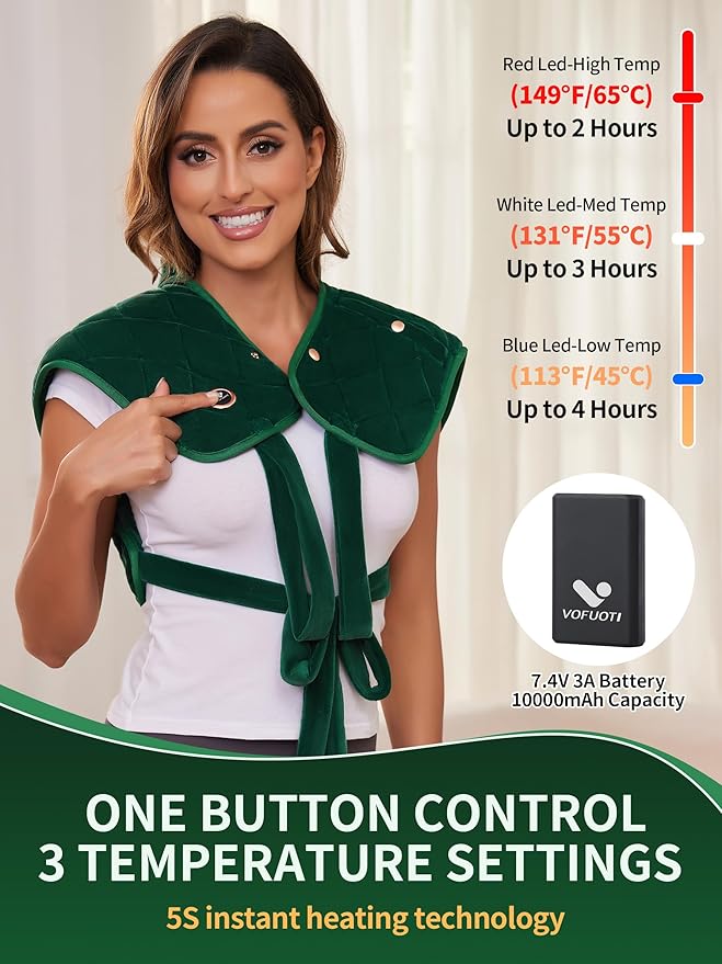 Vofuoti Portable Heating Pad for Neck and Shoulders, Cordless Heating Pad with Battery and 3 Heat Settings, Weighted Electric Heated Neck Shoulder Wrap, 16'' x 22'', 2.2lbs