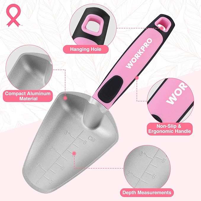 WORKPRO 5PCS Garden Tool Set, Powder Coating Compact Aluminum Gardening Tool Set with Repotting Mat, Outdoor Garden Hand Tools, Ideal Gardening Gift, Pink