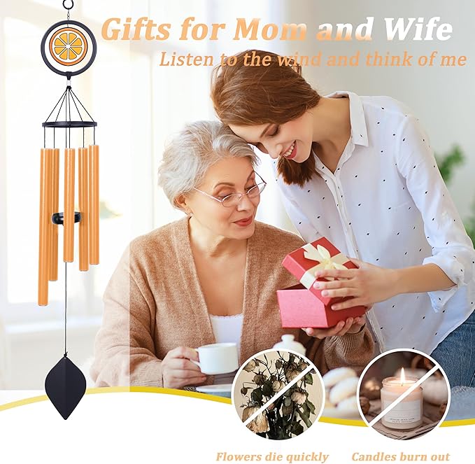 40inch Orange Wind Chimes for Outside,Large Glass Wind Chimes with 5 Heavy Tubes for Outdoor,Patio,Garden Hanging Decor,Mom Gifts for Women,Grandma,Orange