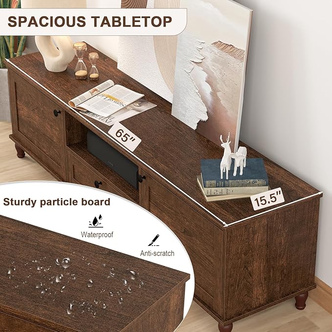 ANJ Mid-Century Modern TV Stand for 75 inch TV, TV Console with Storage Cabinet & Drawer, Retro Brown Wooden TV Stands for Living Room Furniture,Entertainment Center with Ample Large Storage Space