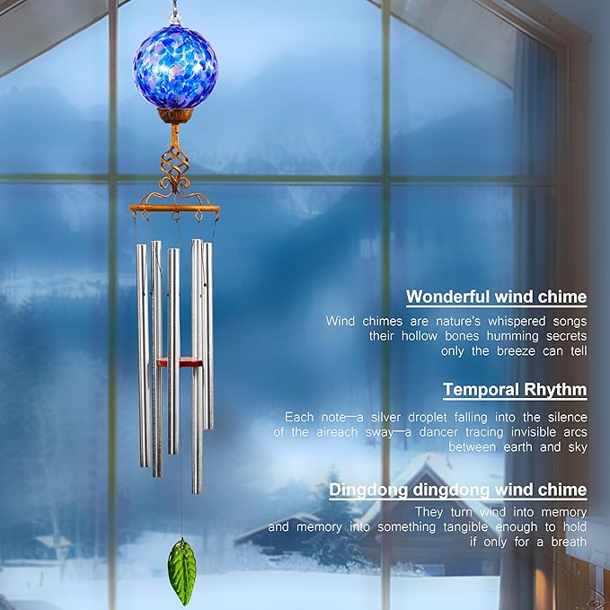 Wind Chimes, Solar LED Outdoor Garden Lighting, Dark Blue Glass and Metal Wind Chime Lawn and Yard Decoration with Bronze Metal Finial, 5 x 46.5 Inch