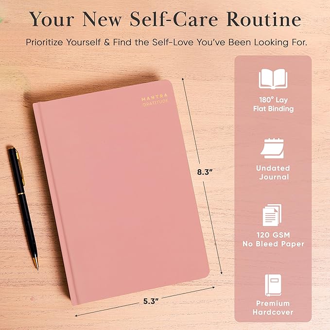 Gratitude Journal For Women & Men - Mental Health, Self Love & Self Care Journal - Pink - 5.8" x 8.3" - Mantra Planner