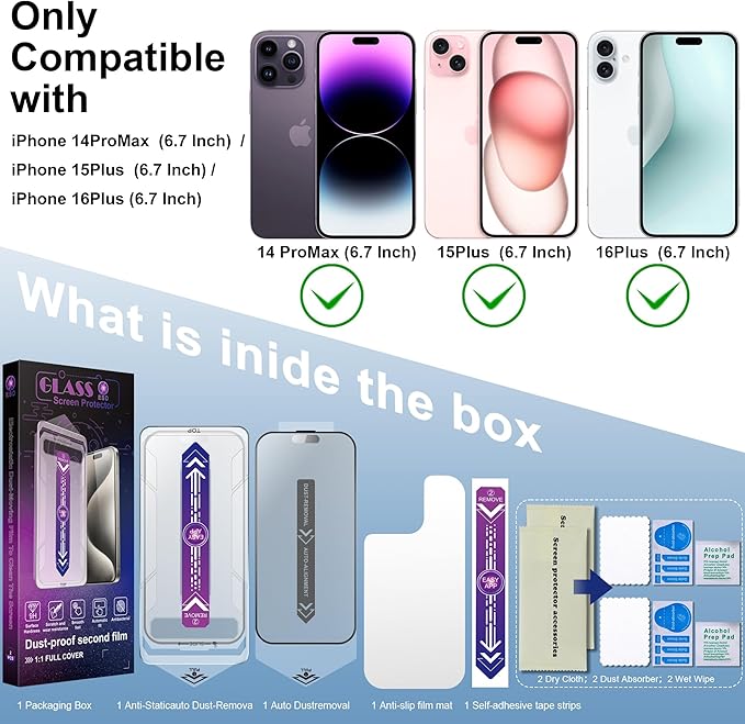 2 Pack Matte Screen Protector for iPhone 16 Plus and iPhone 15 Plus and iPhone 14 Pro Max 6.7-Inch Auto Dust Removal, No Bubbles, Tempered Glass Film, Easy Installation