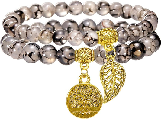 Bivei Natural Semi Precious Gemstone beads bracelet for women - Life Tree and Leaf Charm Energy Reiki Crystal Stretch Bracelets