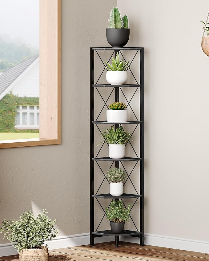 6-Tier Corner Shelf, Corner Bookcase, 66.9" Tall Vertical Display Rack, Plant Stand, Open Storage Shelf, for Living Room, Bedroom, Study, Kitchen, Black TCJ13BB