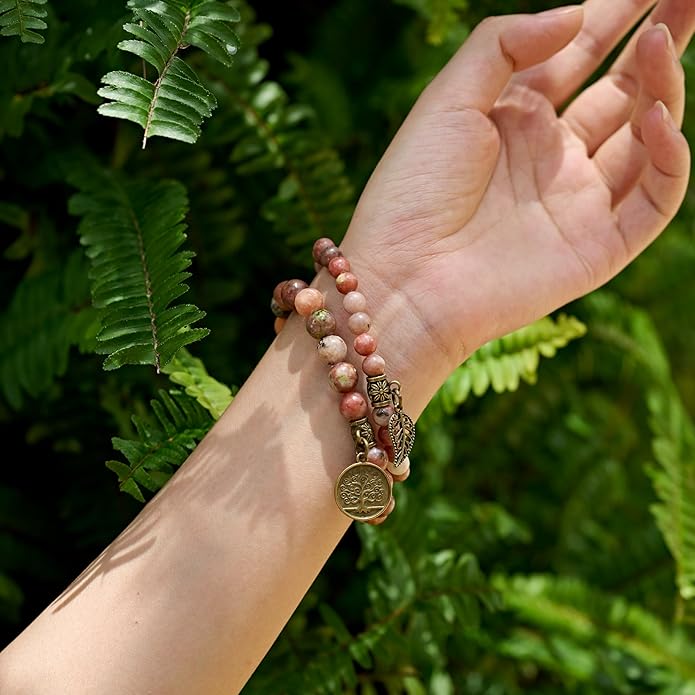 Bivei Natural Semi Precious Gemstone beads bracelet for women - Life Tree and Leaf Charm Energy Reiki Crystal Stretch Bracelets