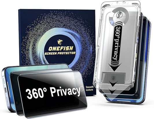 OneFish Screen Protector Privacy Compatible with iPhone 17 Pro 2 Pack 4 Way 360ｰ Anti-Spy Tempered Glass, 9H Hardness, 3D Curved Edges, Case-Friendly & Easy Installation