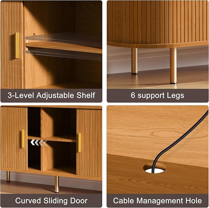 DHH 70 inch tv Stand Cabinet with Storage,Fluted tv Console Entertainment Center with Storage Adjustable Shelves, Modern Vintage with Sliding Doors tv Stand for Living Room (Yellow Walnut, 70 Inch)