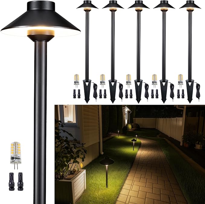 Low Voltage Landscape Lighting Brass, 12v Pathway Lights Waterproof, Hard Wired Path Light Outdoor, Mushroom Black for Exterior Patio House with 3W 270LM 3000K Soft White G4 Bulb (6 Pack)