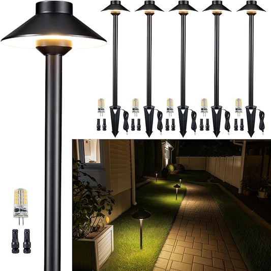 Low Voltage Landscape Lighting Brass, 12v Pathway Lights Waterproof, Hard Wired Path Light Outdoor, Mushroom Black for Exterior Patio House with 3W 270LM 3000K Soft White G4 Bulb (6 Pack)