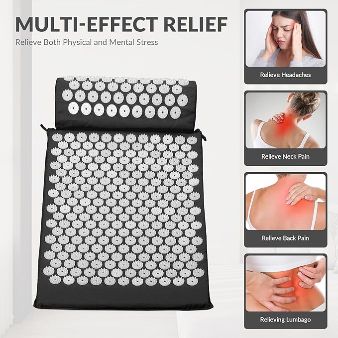 Fitvids Acupressure Mat and Pillow Set for Back/Neck Pain, Acupuncture Products to Relieve Muscle Fatigue, Improve Insomnia for Sedentary People, Acupuncture Eases Stress, Massage Mat, Black