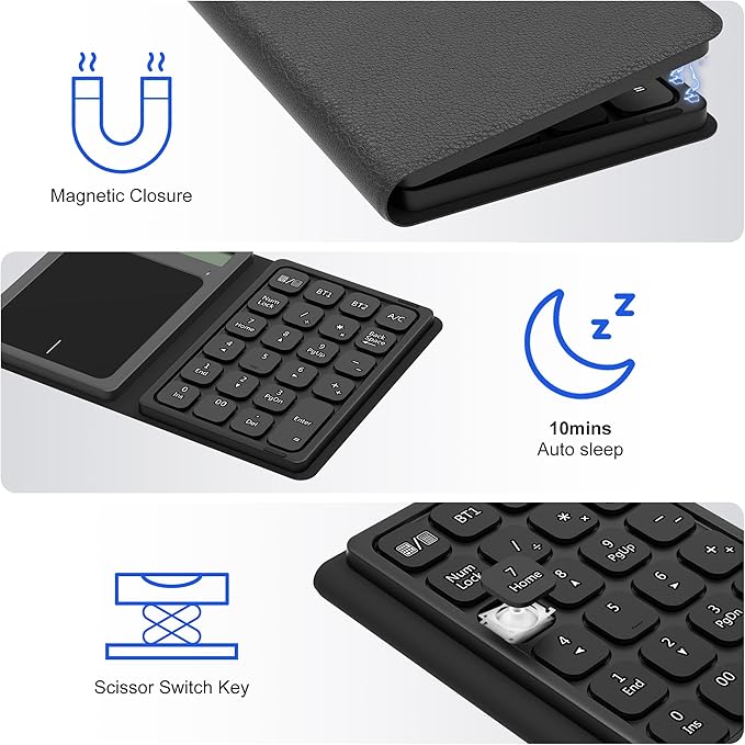 Bluetooth Number Pad Touchpad with Calculator - Rechargeable Folding Portable Wireless Numeric Keypad 23-Keys, Large Trackpad Bluetooth Travel Numpad Data Entry & Calculation & Trackpad Mouse 3 in 1