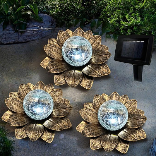 LEWIS&WAYNE Solar Garden Lights Outdoor, 3 Pcs Coppery Lotus Flower Pathway Lamps with Cool White Crackle Glass Globe Led Lights for Patio Pathway Yard Balcony Garden Decorations