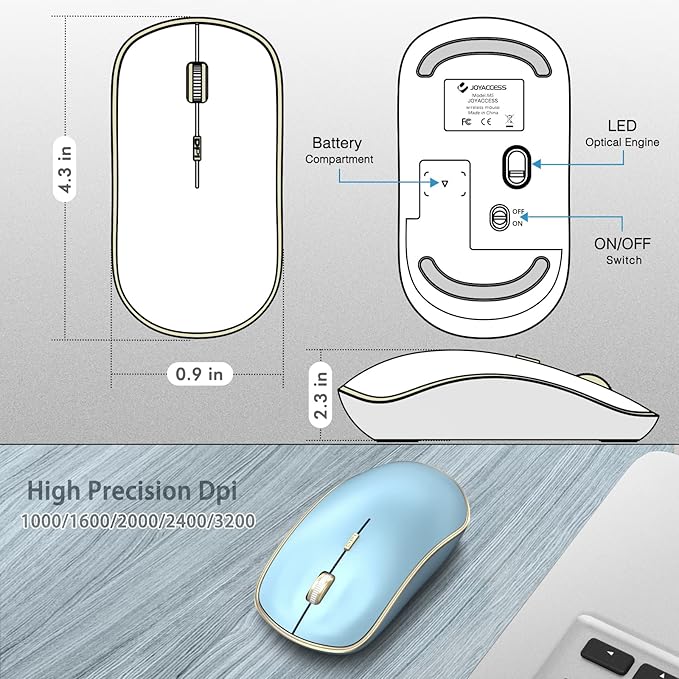 JOYACCESS Wireless Mouse for Laptop | 5 DPI Levels, Silent for Notebook, MacBook, Chromebook, PC - Blue