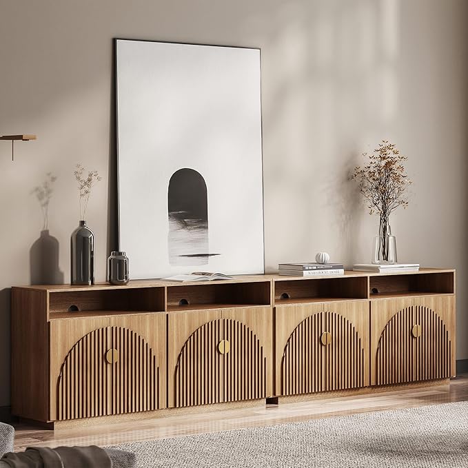 BELLEZE Set of 2 65 Inch Fluted TV Stand, Mid Century Modern Entertainment Center with Storage Cabinets & Open Shelves, Media Console TV Cabinet with Adjustable Shelves for Living Room, Caramel Brown