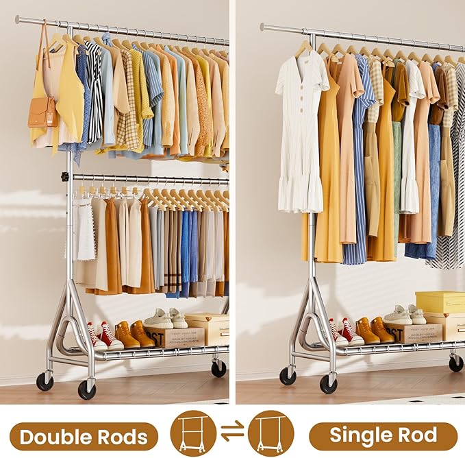 Heavy Duty Clothes Rack for Hanging Clothes, Double Rods Clothing Rack with Lockable Wheels, Rolling Metal Garment Racks Heavy Duty, Portable Wardrobe Closet Racks, Silver