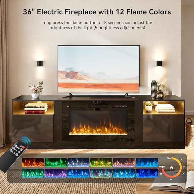 70" TV Stand with 36" Electric Fireplace, Large Modern Media Entertainment Center with Storage Cabinet and 12 Colors LED Lights for TVs Up to 80"