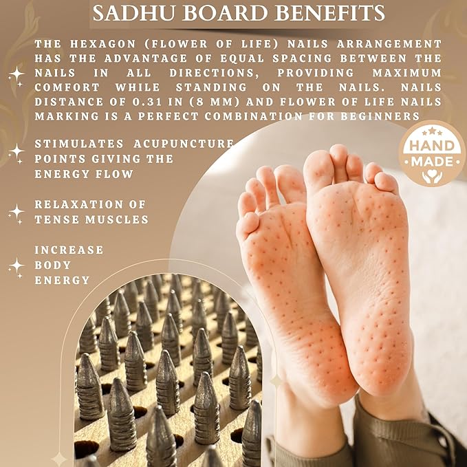 TENGRY Sadhu Board, Specially Crafted Aluminum & Copper Nails, Light Nail Board, 0.31 IN (8 mm), Beginners, Hexagon, Slim Sadhu Wood Board for Standing on Nails, Acupuncture Foot Massage, Yoga Gift