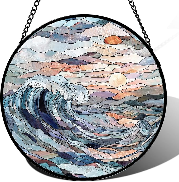 Stained Glass Window Hanging, Sunrise Waves Sun Catchers Diamond Glass Panel Hangings Abstract Suncatcher Decor for Birthday for Women, Men, Wife, Aunt, and Mom 14.9x14.9 in