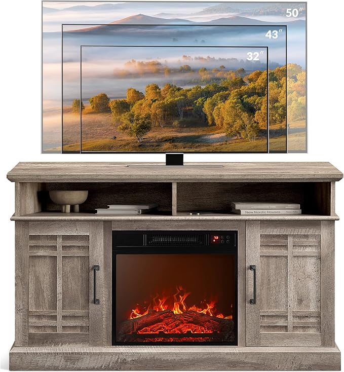 BELLEZE 48" TV Stand with 18" Electric Fireplace Heater, Modern TV Stand for TVs up to 50", Entertainment Media Stand with Open Shelves and Storage Cabinets for Living Room, Bedroom (Ashland Pine)