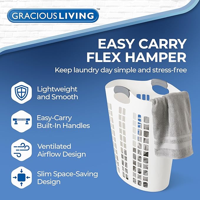 Gracious Living Laundry Basket, Easy Carry Flex Collapsible Hamper, 87.5 Liters, White - Large Plastic Clothes Storage Organizer for Home, Bathroom, and Bedroom