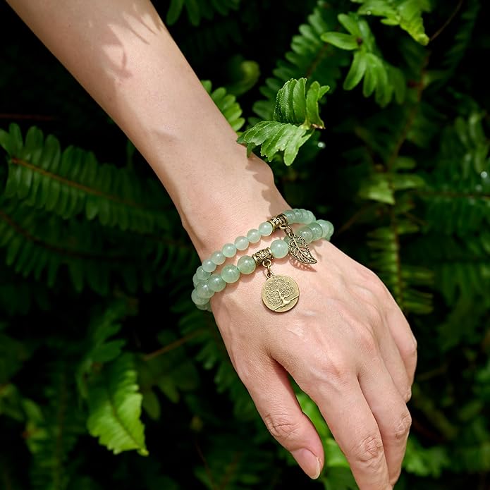 Bivei Natural Semi Precious Gemstone beads bracelet for women - Life Tree and Leaf Charm Energy Reiki Crystal Stretch Bracelets