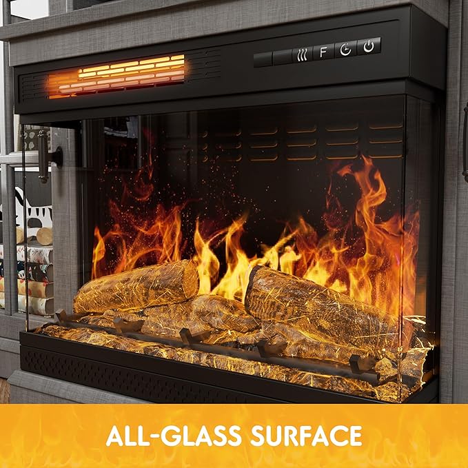 JUMMICO Fireplace TV Stand for TVs up to 65'', 3-Sided Glass Media Entertainment Center Console Table with Cabniet Storage Adjustable Flame LED Color for Living Room (Wash Grey)