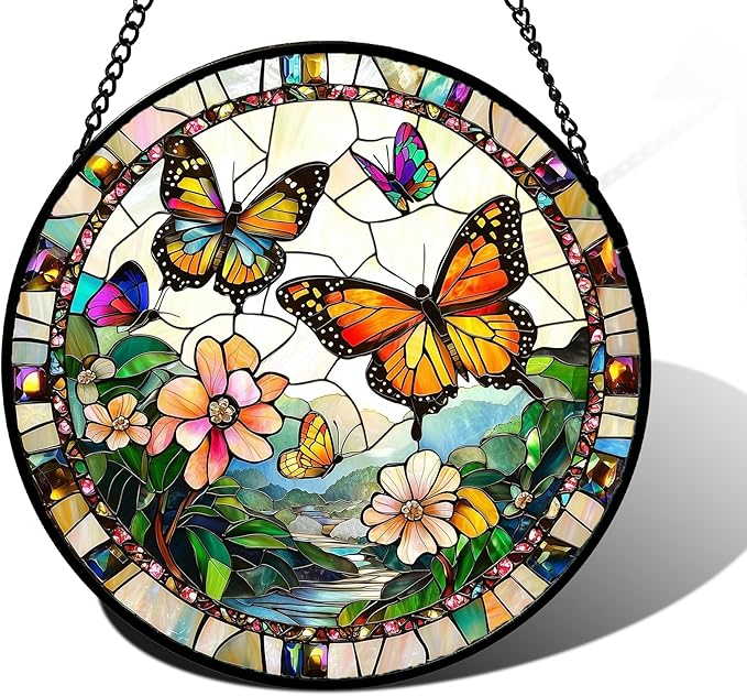Stained Glass Window Hanging, Butterflies Flying in The Sky Suncatcher for Doors Home Sun Catchers Decoration and Christmas, Mother's Day Birthday Gifts for Women, Men, and Mom 11.8x11.8 in