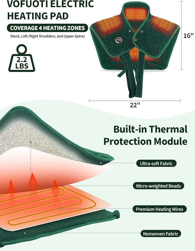 Vofuoti Portable Heating Pad for Neck and Shoulders, Cordless Heating Pad with Battery and 3 Heat Settings, Weighted Electric Heated Neck Shoulder Wrap, 16'' x 22'', 2.2lbs