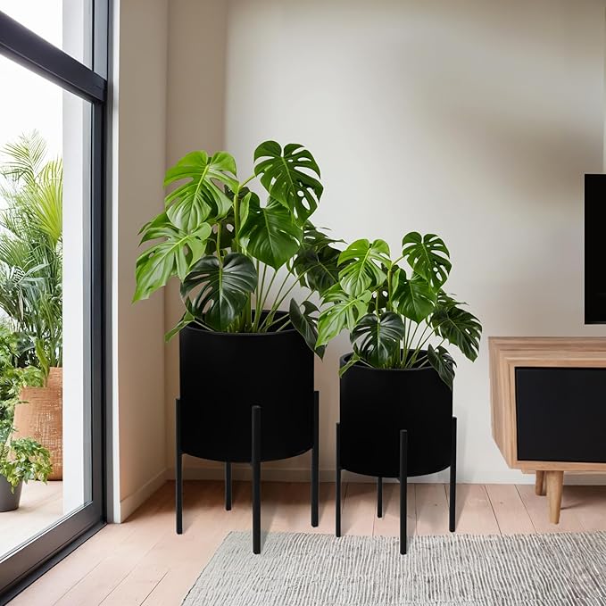 ARNIS Modern Plant Pots, Large Planters with Stand, Set of 2 Decorative Planters, Metal Plant Pots with Drainage Holes for Living Room, Office, Garden or Balcony, 10.5 &12.25 Inch, Black