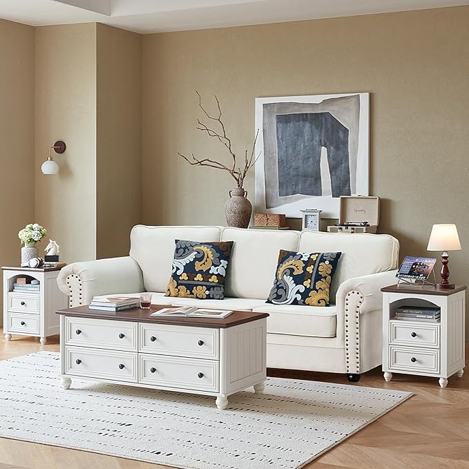 18" Farmhouse Night Stand with Charging Station, White Wood Nightstand with 2 Drawers, Bedside End Table with Shelf Storage, Bed Side Tables Cabinet for Bedroom, Living Room, and Closet