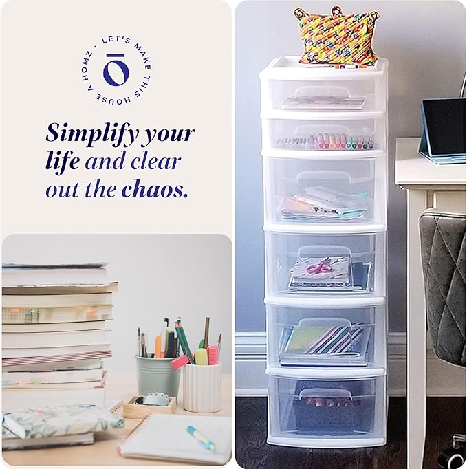 HOMZ 2-Pack Drawer Tower, 6-Tier Clear Plastic Storage Organizer Unit, White Frame - Multi-Purpose Container Drawers for Bedroom, Bathroom, and Office Organization