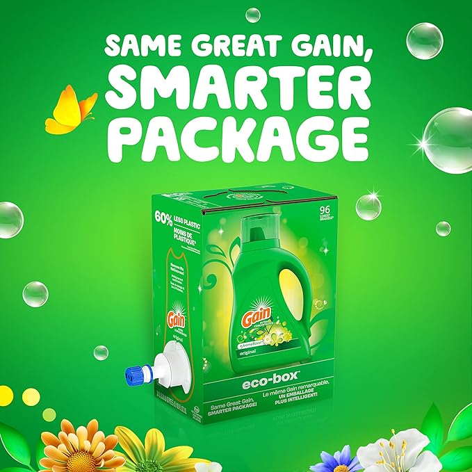 Gain Laundry Detergent Liquid Soap Eco-Box, Ultra Concentrated High Efficiency (HE), Original Scent, 96 Loads
