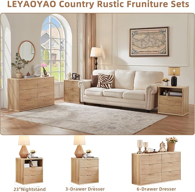 LEYAOYAO Fluted Farmhouse Nightstand Set of 2 with Charging Station, 23" Wide 2 Drawers End Table,Natural Dresser for Bedroom,Bed Side Table Chest of Drawers Cabinet,Wood Night Stand for Living Room