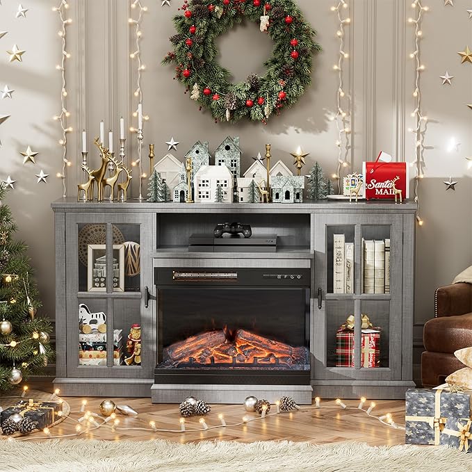 JUMMICO Fireplace TV Stand for TVs up to 65'', 3-Sided Glass Media Entertainment Center Console Table with Cabniet Storage Adjustable Flame LED Color for Living Room (Wash Grey)