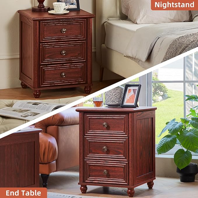 18" Farmhouse Nightstand Set 2 with Charging Station and USB Port, RedOak Night Stand with 3 Drawers, Wood Bedside End Table with Storage, Bed Side Tables for Bedroom Living Room and Closet