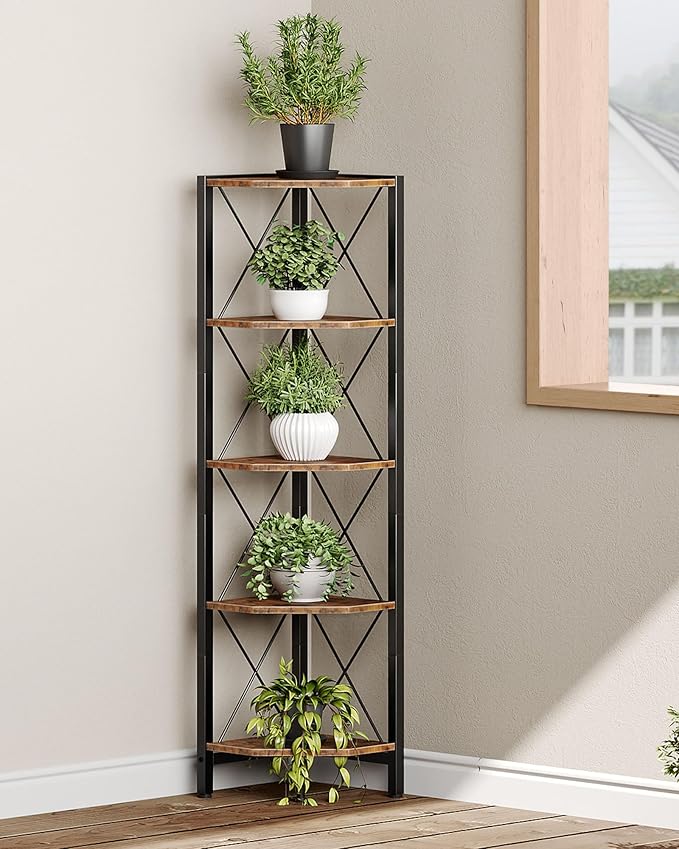 5-Tier Corner Shelf, Corner Bookcase, 55.2" Tall Vertical Display Rack, Plant Stand, Open Storage Shelf, for Living Room, Bedroom, Study, Kitchen, Rustic Brown and Black TCJ12BF