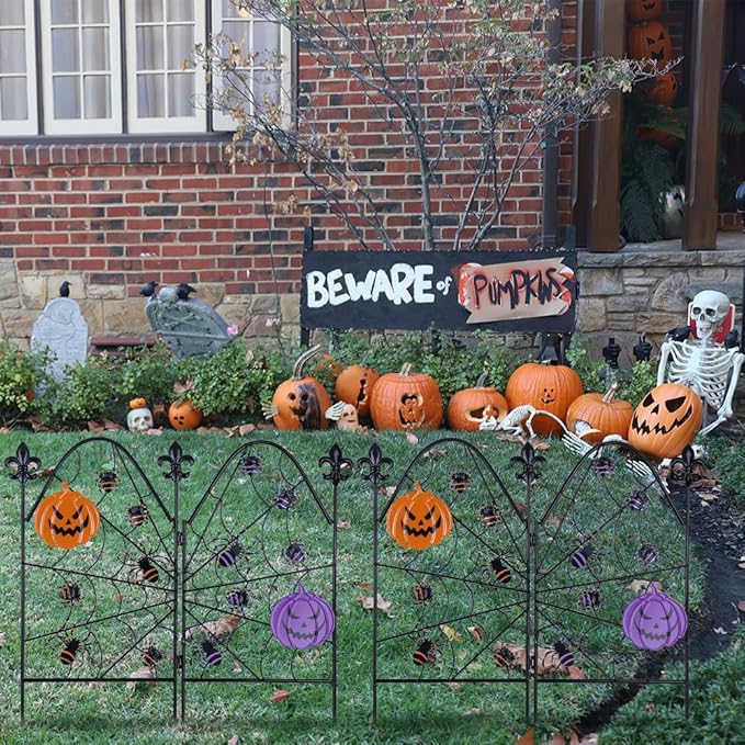 hogardeck Halloween Decorations Outdoor, Spider Web Styled Metal Fence Decorative Garden Stakes with Ghost Face Pumpkins for Halloween Decor, Spider Yard Signs for Outside Garden Lawn Porch Party
