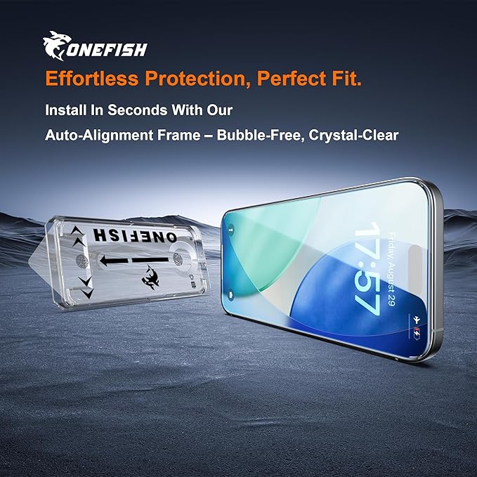 OneFish for iPhone 17 Screen Protector 6.3 inch HD Clear Tempered Glass Full Coverage, 9H Hardness Scratch Resistant, Easy Installation, 2 Pack